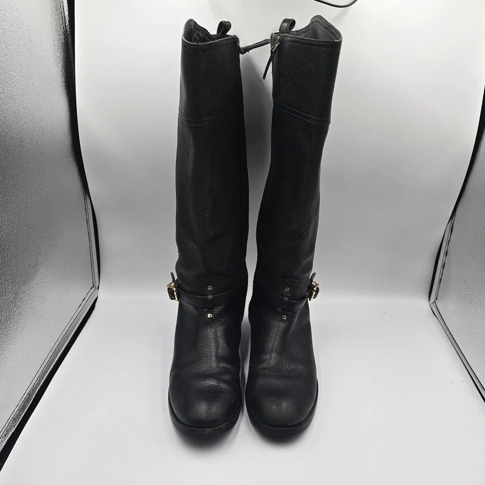 Tory Burch Black Pebbled Leather Riding Boots Size 9M Embossed Logo Gold Buckle